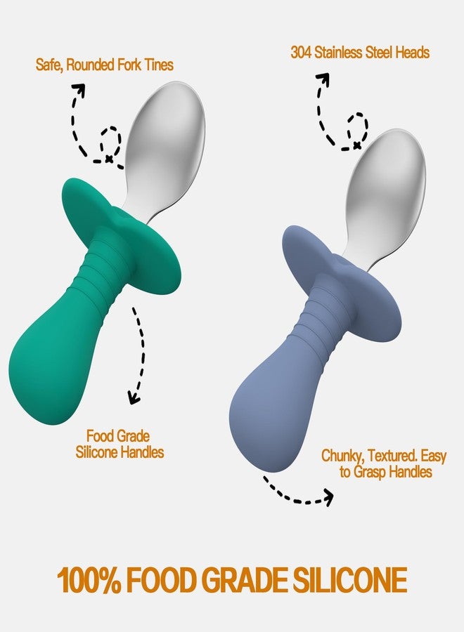 SFCCMM 2 Pcs Baby Spoons Toddler Spoons for Self Feeding, Kids Spoons with Silicone Round Handle, Stainless Steel Toddler Utensils Children Safe Silverware Set, Anti-Choke Design, BPA Free - Green Blue - Image 3